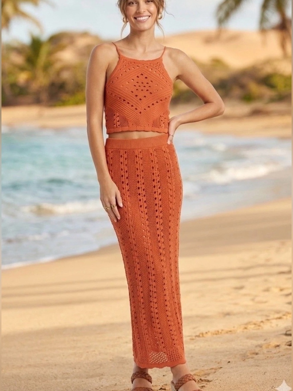 Olive & Oak Orange Crochet Two-Piece Midi Skirt Set